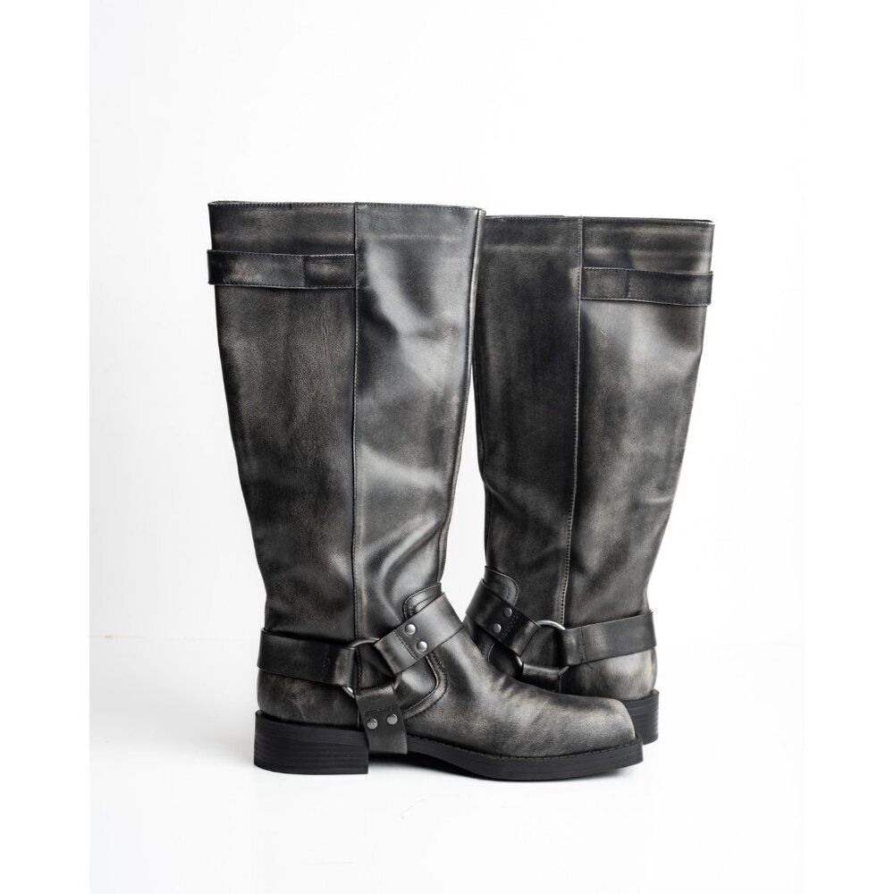 Pull&Bear Womens Leather Biker Boots Knee High Buckles EU 41 US 10 Gray distress